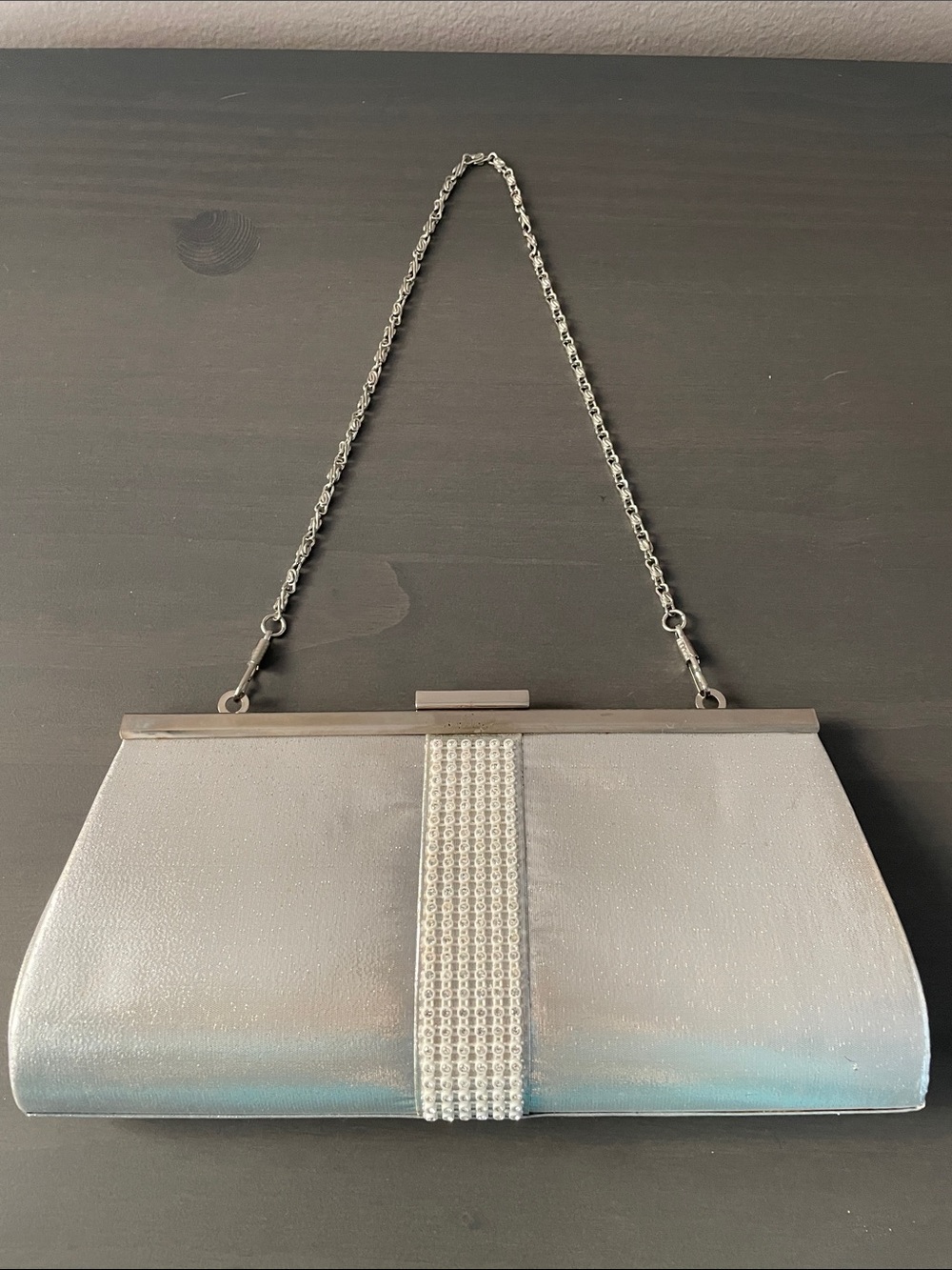 Elegant Silver Evening Clutch with Rhinestone Accent